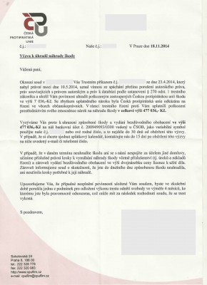 ČPU - Výzva k uhradě náhrady škody
